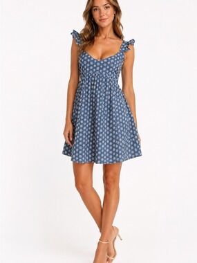 Lalavon Blue Floral Mini Dress Large